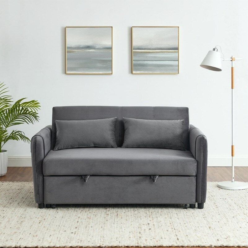 Convertible Velvet Sofa Bed with Pullout, Adjustable Backrest, Lumbar Pillows, and Side Pockets (54 Inch)