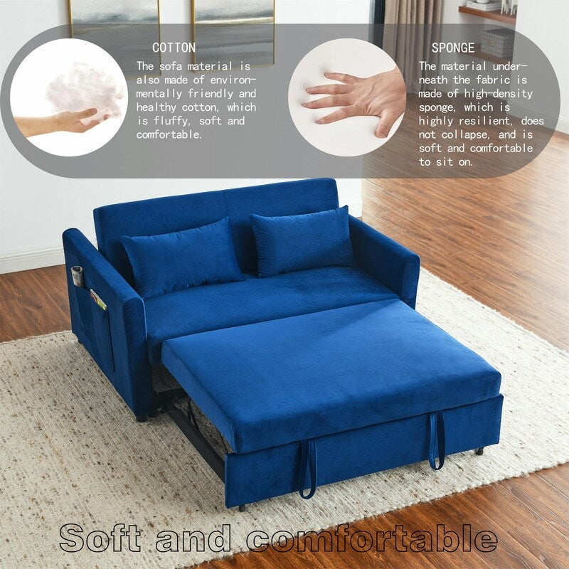 Convertible Velvet Sofa Bed with Pullout, Adjustable Backrest, Lumbar Pillows, and Side Pockets (54 Inch)