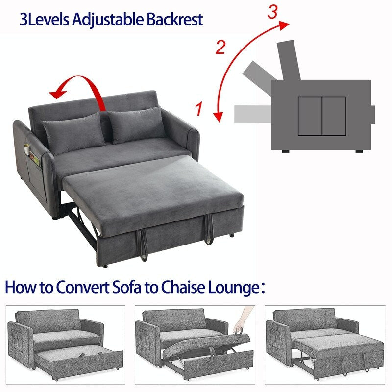Convertible Velvet Sofa Bed with Pullout, Adjustable Backrest, Lumbar Pillows, and Side Pockets (54 Inch)