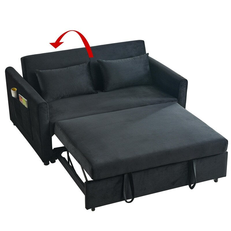 Convertible Velvet Sofa Bed with Pullout, Adjustable Backrest, Lumbar Pillows, and Side Pockets (54 Inch)