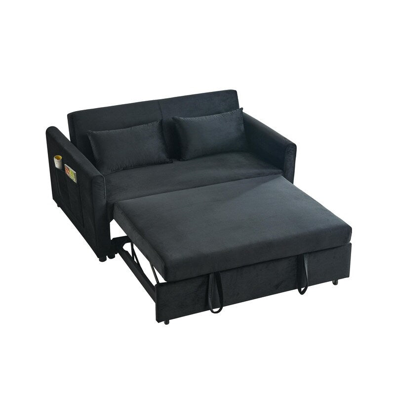 Convertible Velvet Sofa Bed with Pullout, Adjustable Backrest, Lumbar Pillows, and Side Pockets (54 Inch)