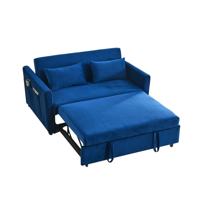 Convertible Velvet Sofa Bed with Pullout, Adjustable Backrest, Lumbar Pillows, and Side Pockets (54 Inch)