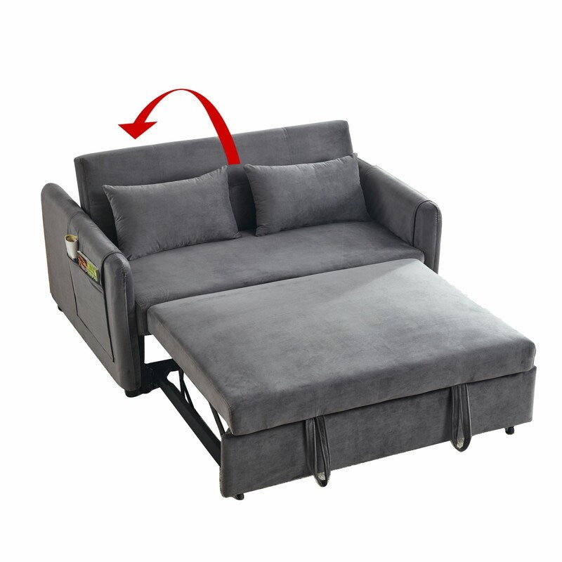 Convertible Velvet Sofa Bed with Pullout, Adjustable Backrest, Lumbar Pillows, and Side Pockets (54 Inch)