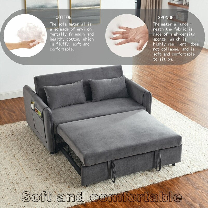 Convertible Velvet Sofa Bed with Pullout, Adjustable Backrest, Lumbar Pillows, and Side Pockets (54 Inch)