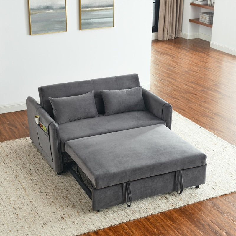 Convertible Velvet Sofa Bed with Pullout, Adjustable Backrest, Lumbar Pillows, and Side Pockets (54 Inch)