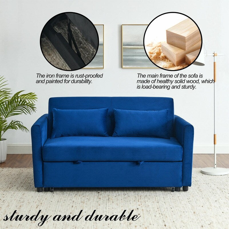 Convertible Velvet Sofa Bed with Pullout, Adjustable Backrest, Lumbar Pillows, and Side Pockets (54 Inch)