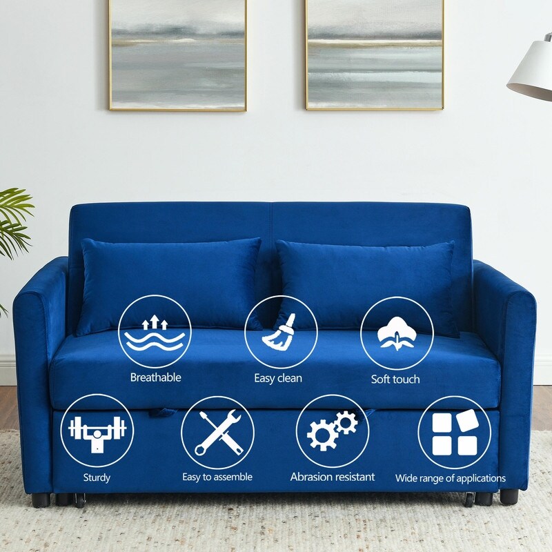 Convertible Velvet Sofa Bed with Pullout, Adjustable Backrest, Lumbar Pillows, and Side Pockets (54 Inch)