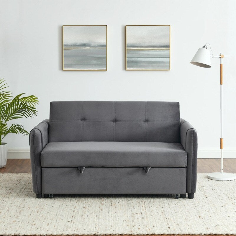 Convertible Velvet Sofa Bed with Pullout, Adjustable Backrest, Lumbar Pillows, and Side Pockets (54 Inch)