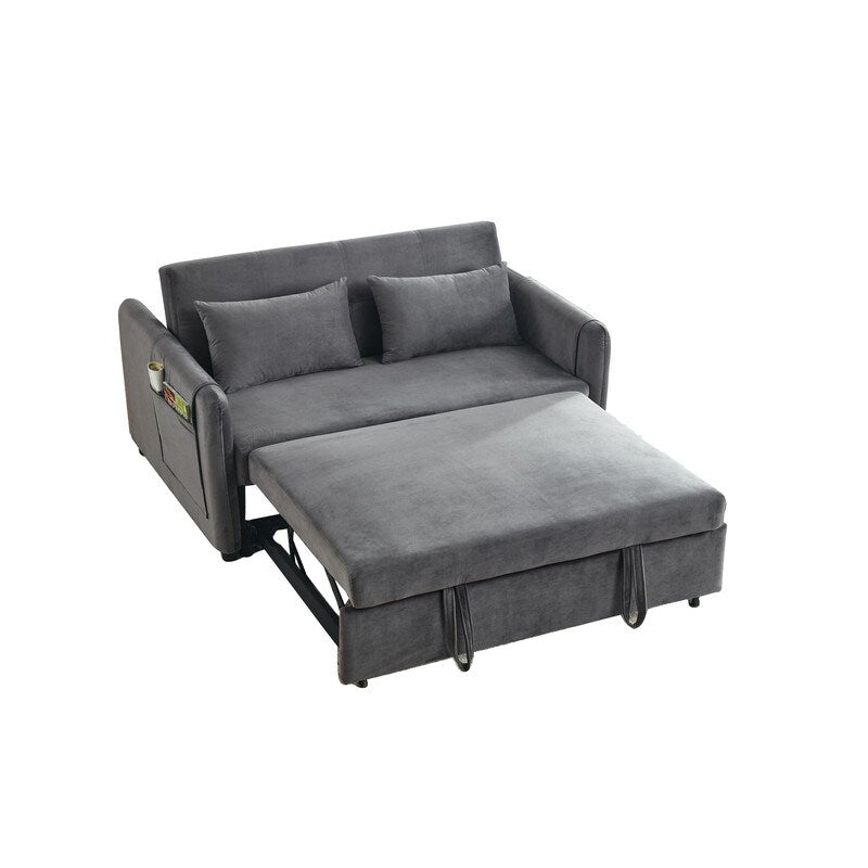 Convertible Velvet Sofa Bed with Pullout, Adjustable Backrest, Lumbar Pillows, and Side Pockets (54 Inch)