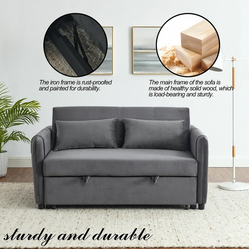 Convertible Velvet Sofa Bed with Pullout, Adjustable Backrest, Lumbar Pillows, and Side Pockets (54 Inch)