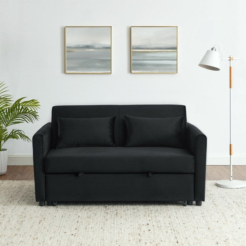 Convertible Velvet Sofa Bed with Pullout, Adjustable Backrest, Lumbar Pillows, and Side Pockets (54 Inch)
