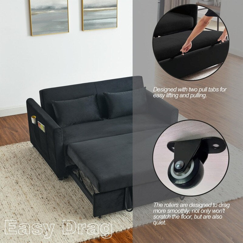 Convertible Velvet Sofa Bed with Pullout, Adjustable Backrest, Lumbar Pillows, and Side Pockets (54 Inch)
