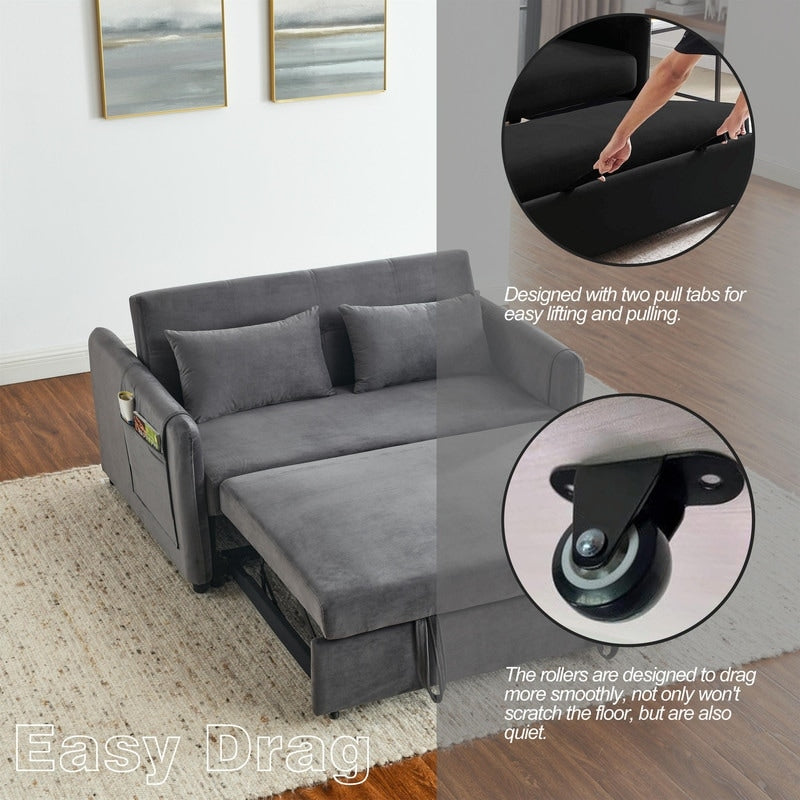 Convertible Velvet Sofa Bed with Pullout, Adjustable Backrest, Lumbar Pillows, and Side Pockets (54 Inch)