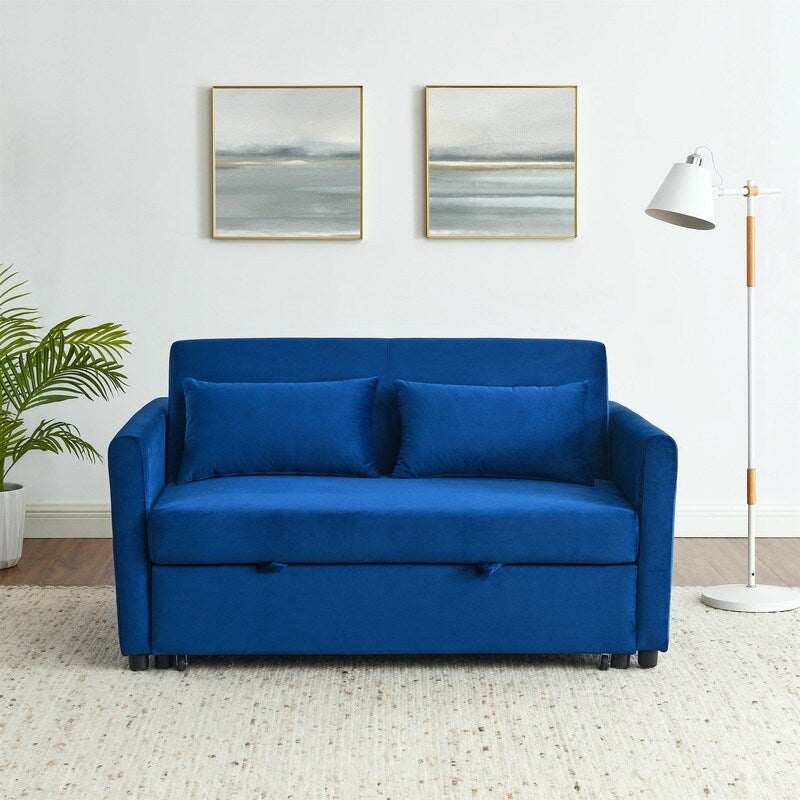 Convertible Velvet Sofa Bed with Pullout, Adjustable Backrest, Lumbar Pillows, and Side Pockets (54 Inch)