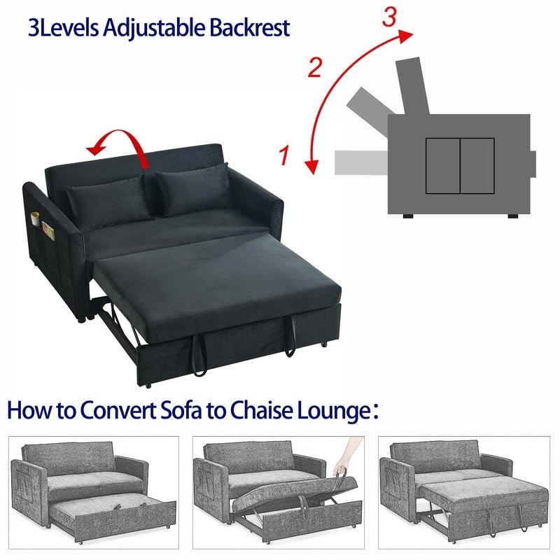 Convertible Velvet Sofa Bed with Pullout, Adjustable Backrest, Lumbar Pillows, and Side Pockets (54 Inch)