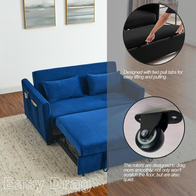 Convertible Velvet Sofa Bed with Pullout, Adjustable Backrest, Lumbar Pillows, and Side Pockets (54 Inch)