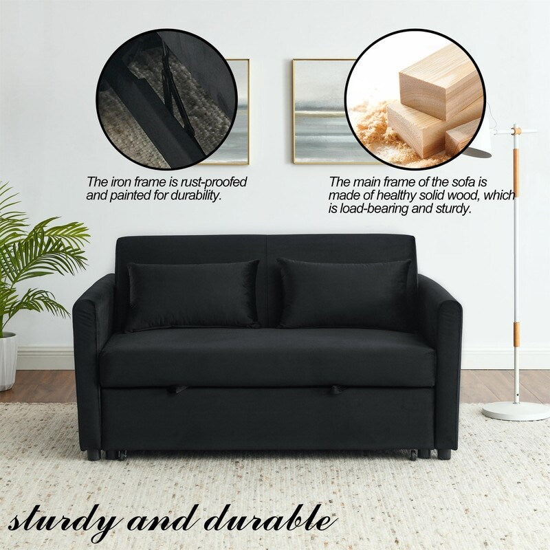 Convertible Velvet Sofa Bed with Pullout, Adjustable Backrest, Lumbar Pillows, and Side Pockets (54 Inch)