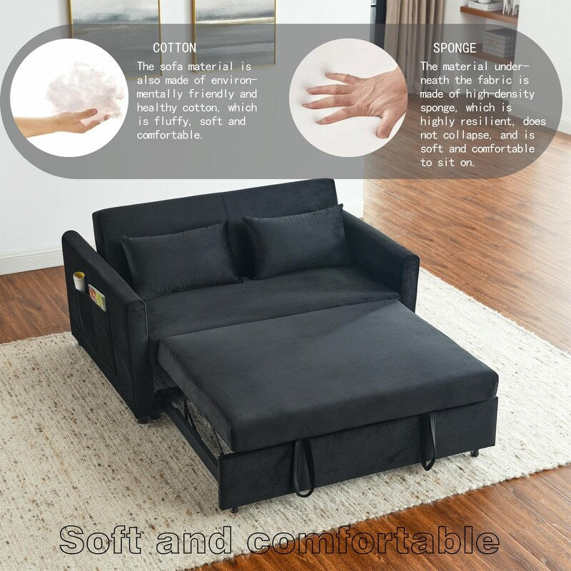 Convertible Velvet Sofa Bed with Pullout, Adjustable Backrest, Lumbar Pillows, and Side Pockets (54 Inch)