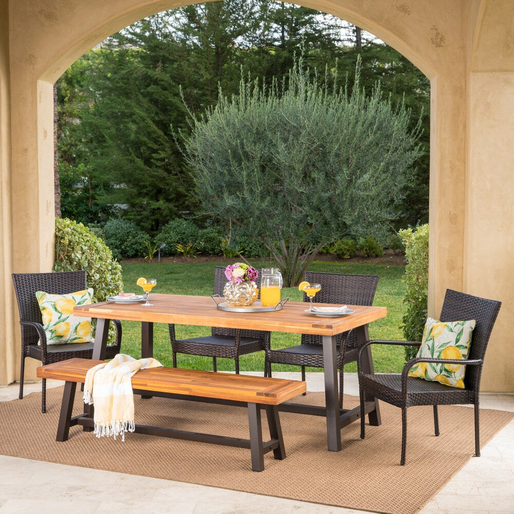 Cooper Outdoor 6-piece Rectangle Acacia Wood Wicker Dining Set by Christopher Knight Home