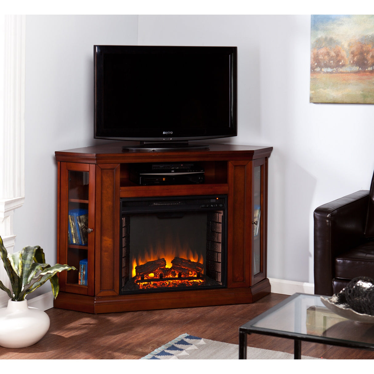 SEI Furniture Argenteum Mahogany Media TV Stand Electric Fireplace for TV's up to 46"