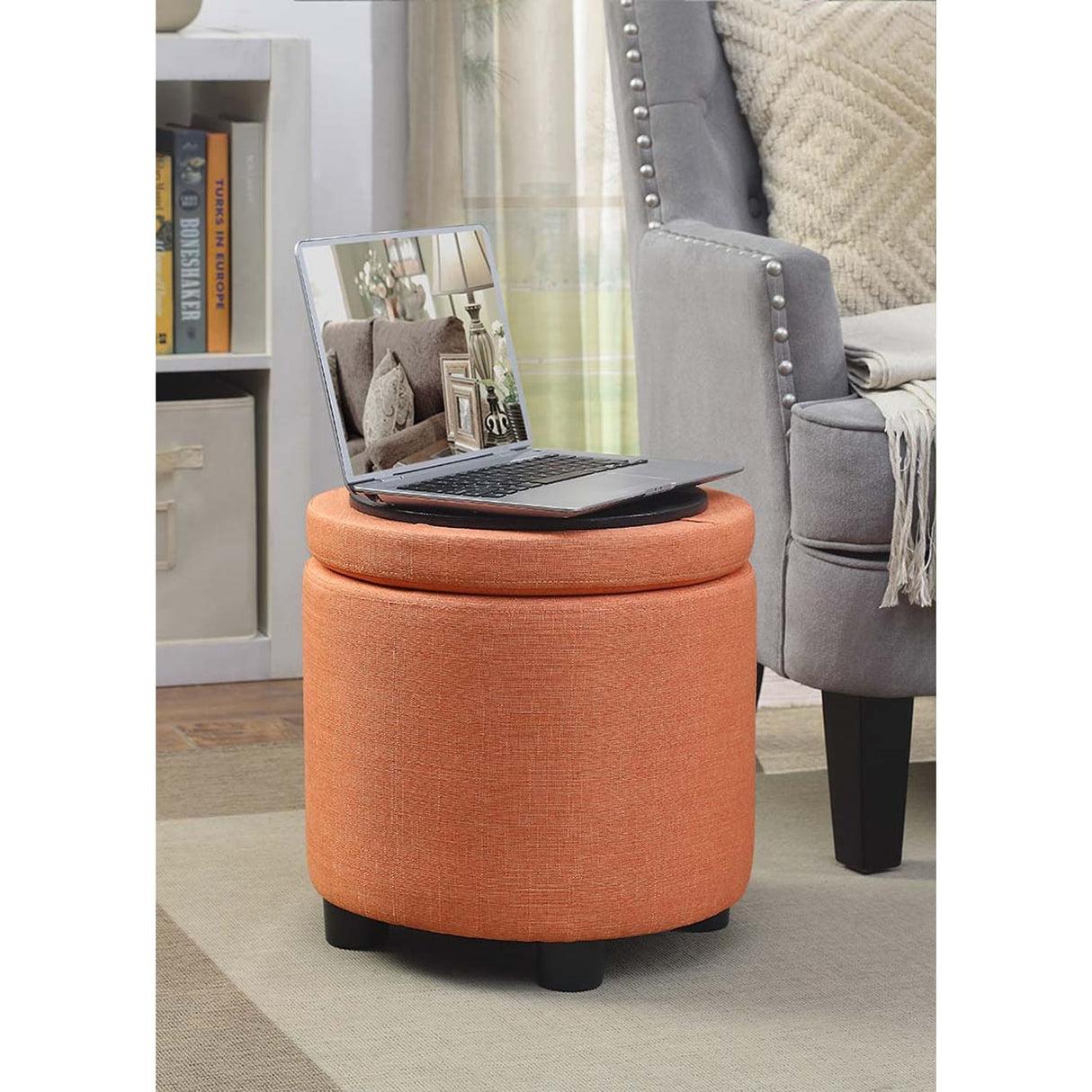Convenience Concepts Designs4Comfort Round Accent Storage Ottoman with Reversible Tray Lid