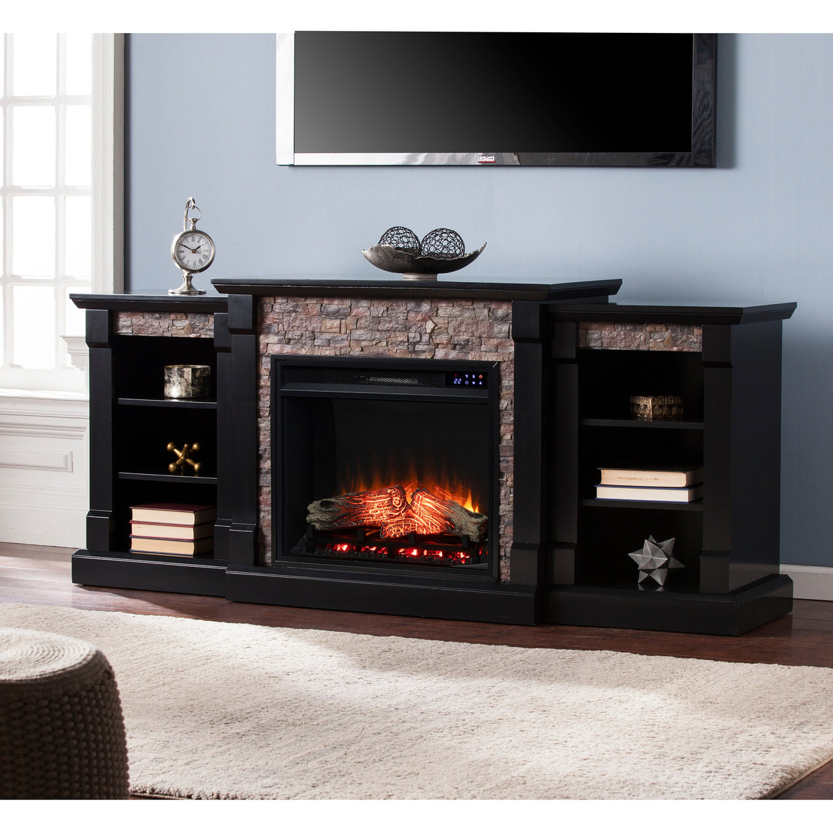 SEI Furniture Hay River Black Electric Fireplace with Bookcases