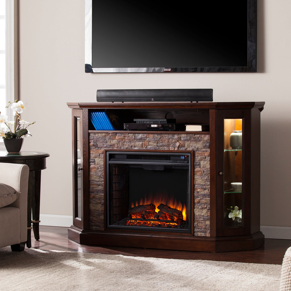 SEI Furniture Hermon Faux Stone Electric Fireplace Corner Media TV Stand for TV's up to 50"