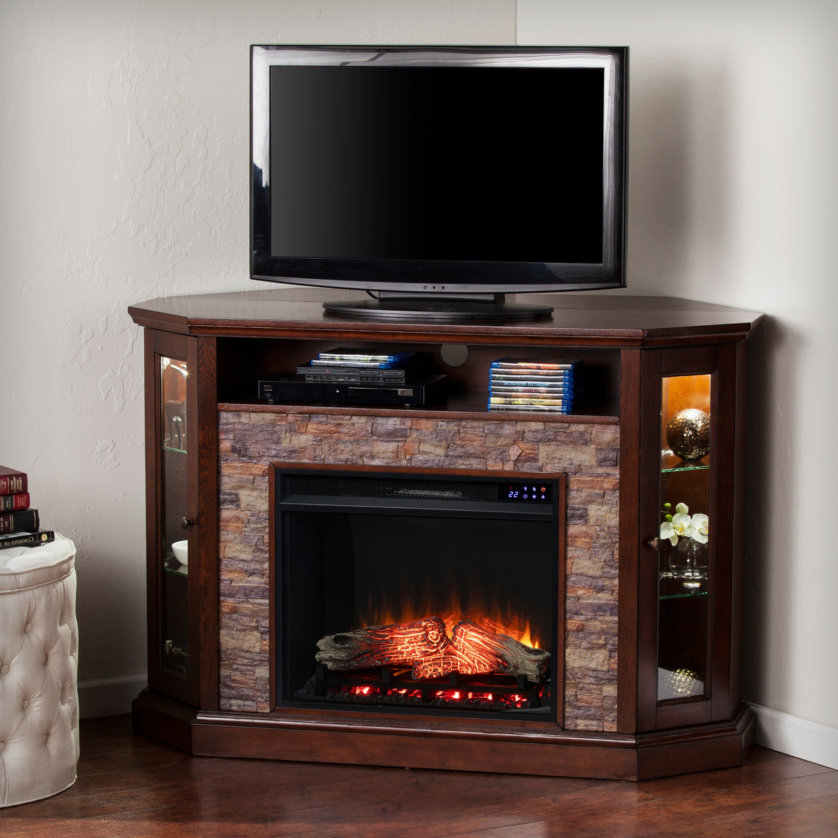 SEI Furniture Hermon Faux Stone Electric Fireplace Corner Media TV Stand for TV's up to 50"