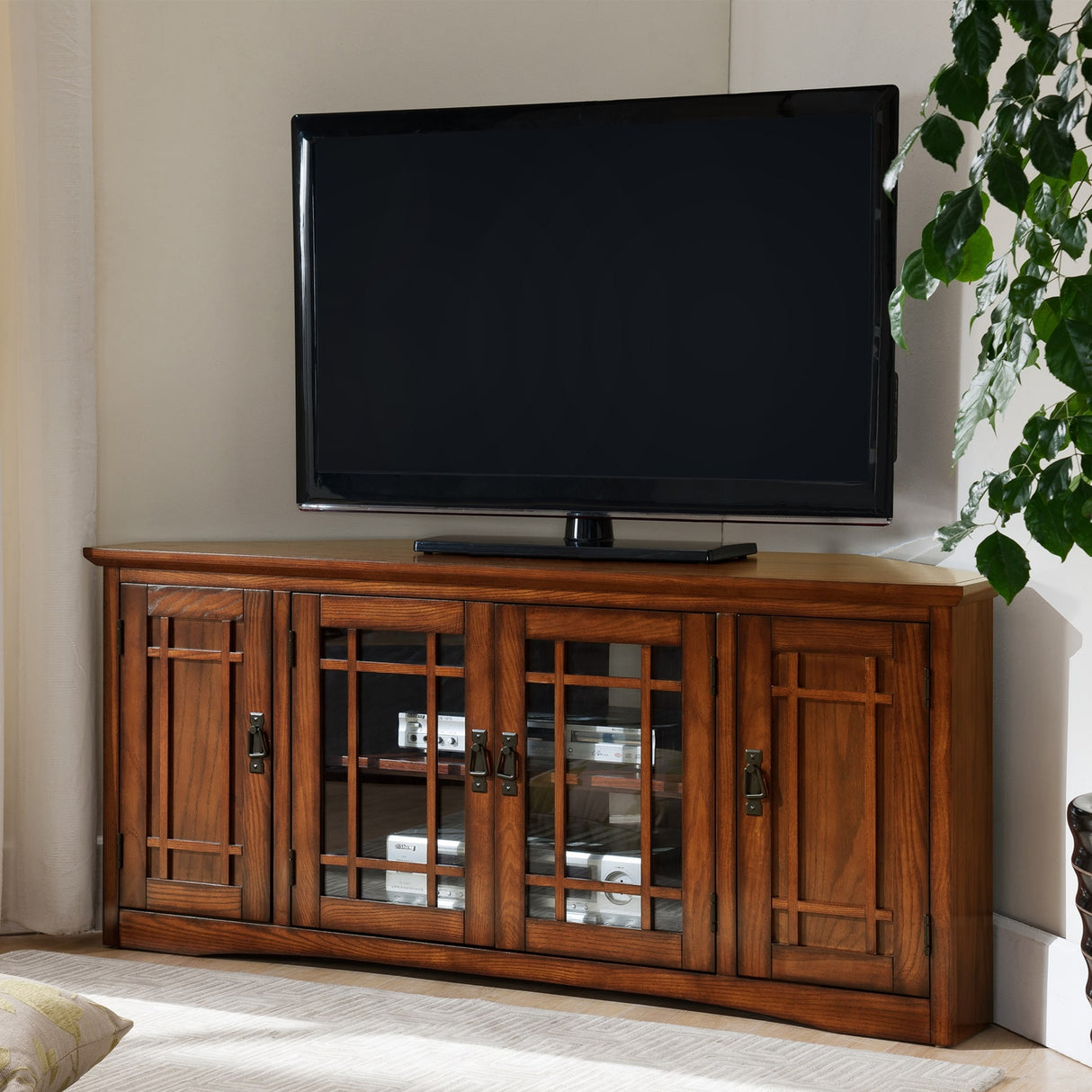 Leick Home Solid Wood Mission Oak Four Door Corner TV Stand