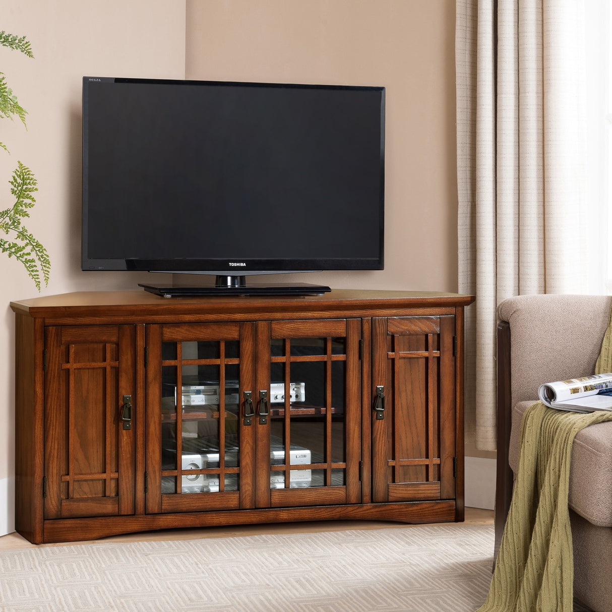 Leick Home Solid Wood Mission Oak Four Door Corner TV Stand