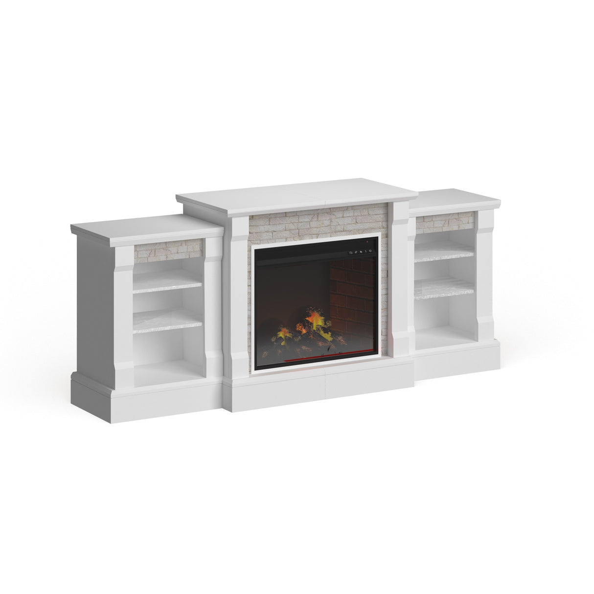 SEI Furniture Remote Controlled LED Electric Fireplace with Mantel in White Stone and Storage