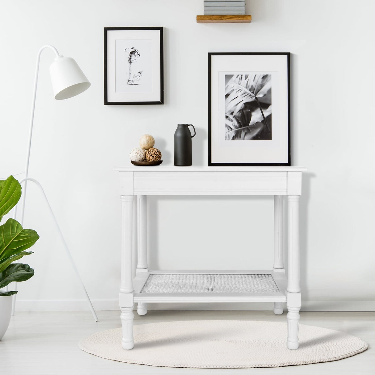 Copper Grove Reine Cream Side Table with Rattan Shelf