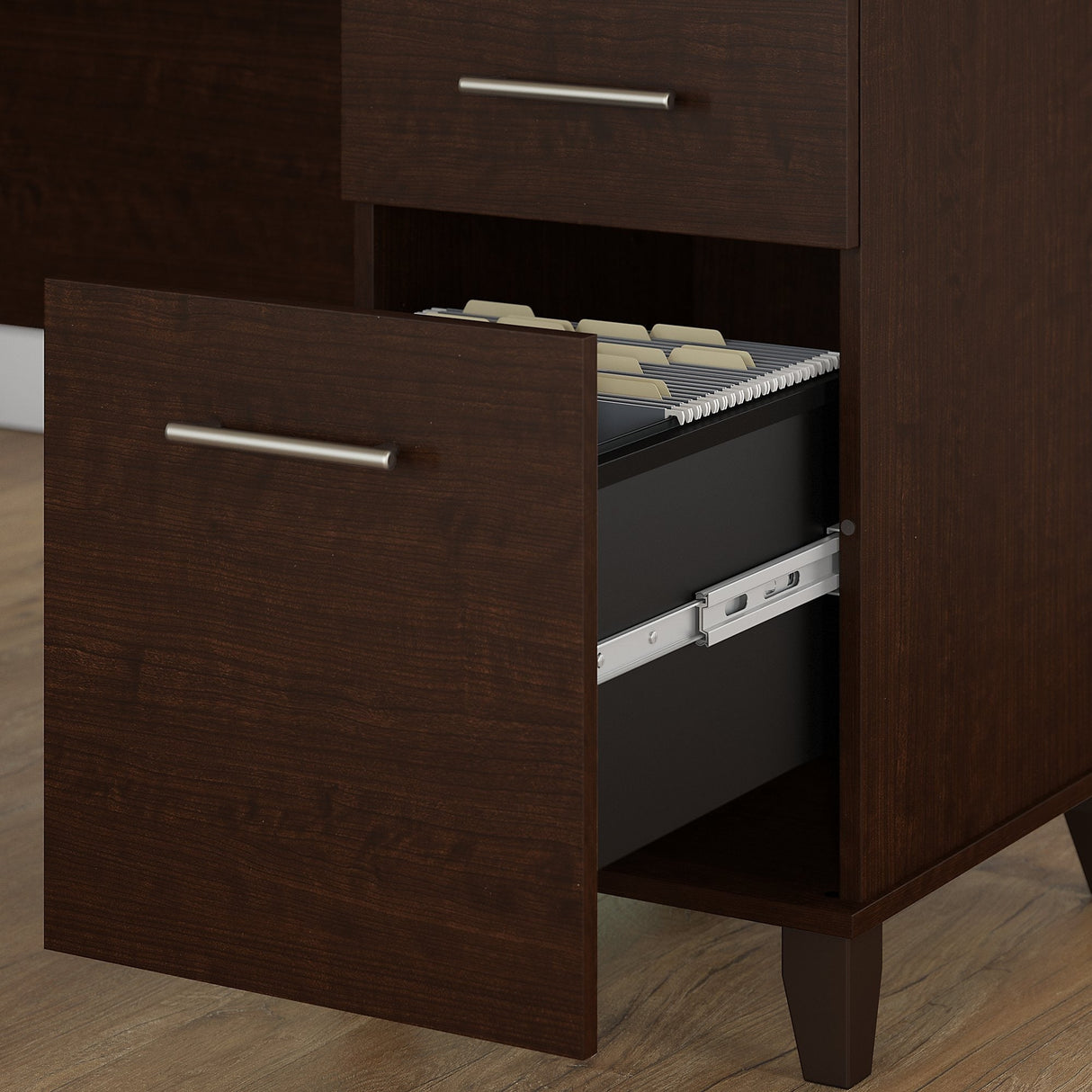 Somerset 72W L Shaped Desk with Hutch, Cabinet and Bookcase in Gray