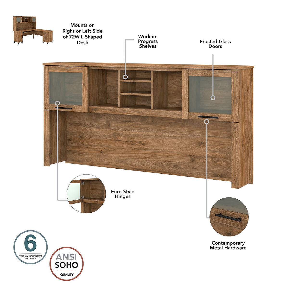 Somerset 72W L Shaped Desk with Hutch, Cabinet and Bookcase in Gray