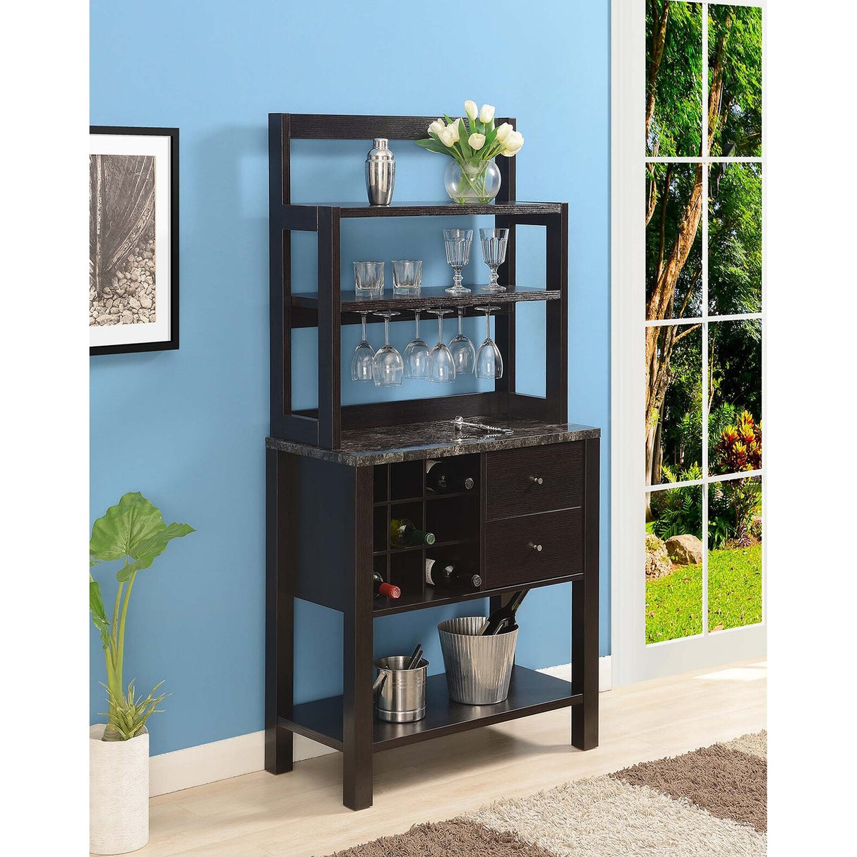 Convenience Concepts Newport 2 Drawer Serving Bar with Wine Rack and Shelves