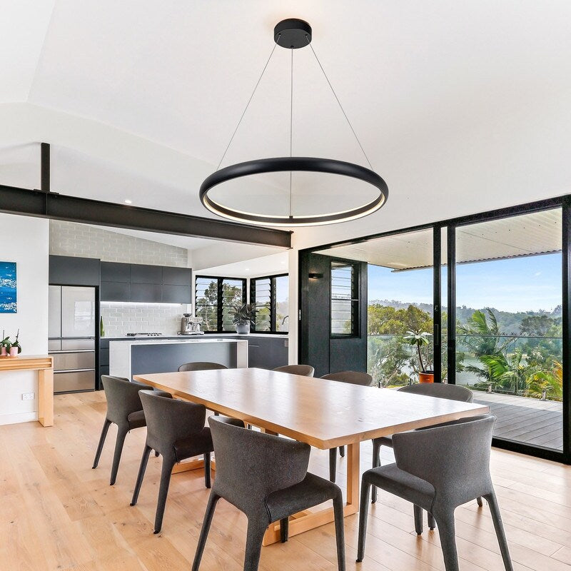 Modern Dimmable Matte Black Ring Round Integrated LED Chandelier Round Hanging Pendant Light