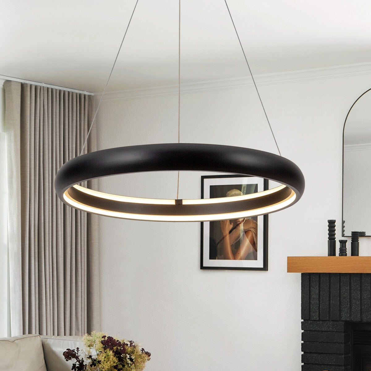 Modern Dimmable Matte Black Ring Round Integrated LED Chandelier Round Hanging Pendant Light
