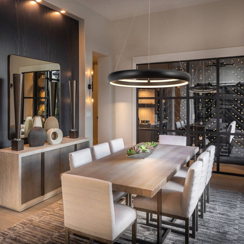 Modern Dimmable Matte Black Ring Round Integrated LED Chandelier Round Hanging Pendant Light