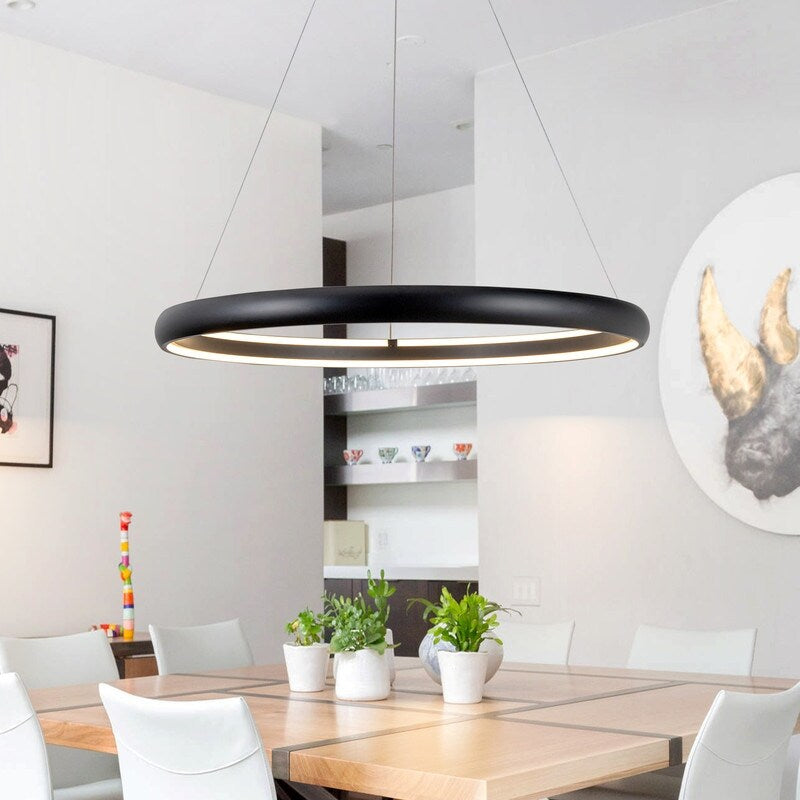 Modern Dimmable Matte Black Ring Round Integrated LED Chandelier Round Hanging Pendant Light