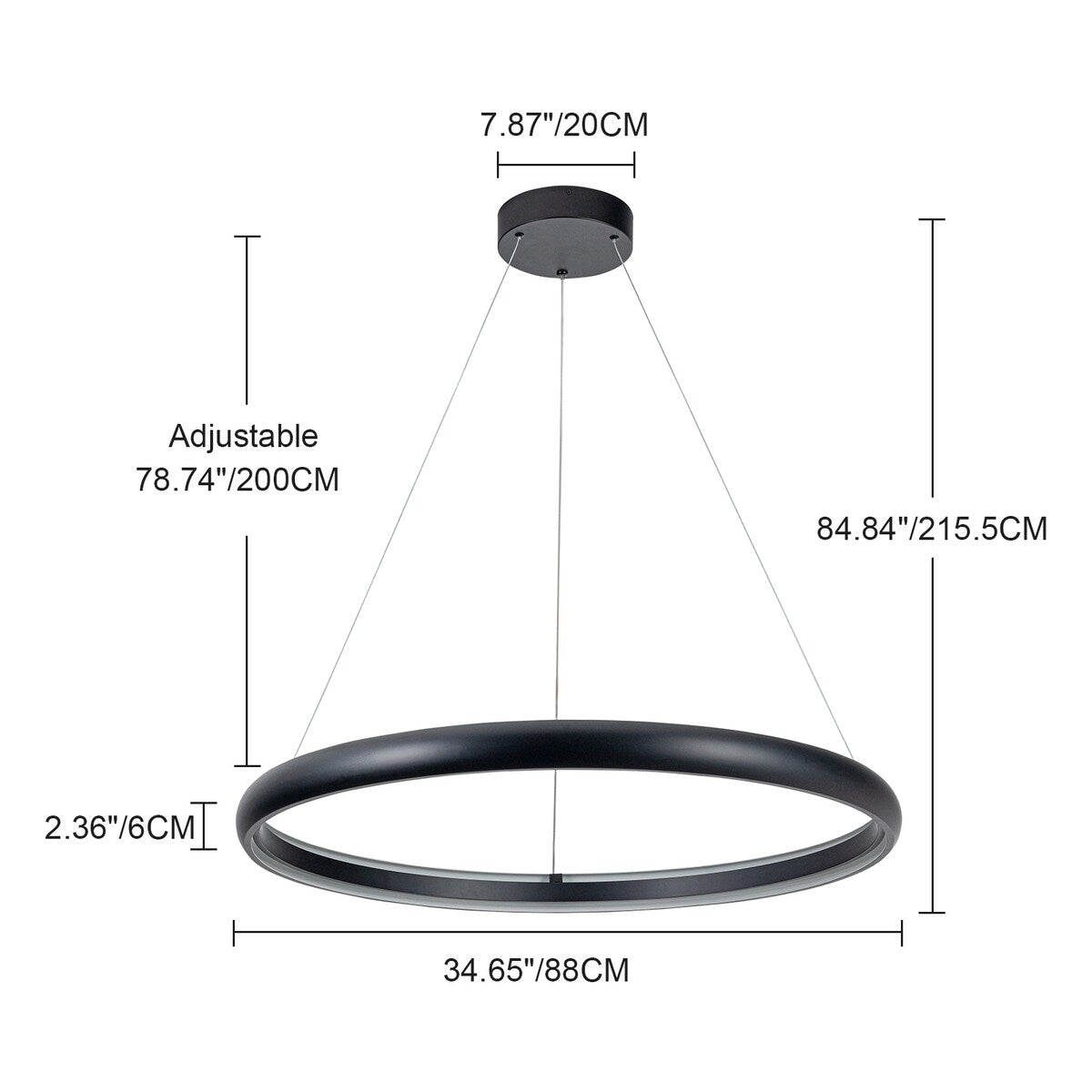 Modern Dimmable Matte Black Ring Round Integrated LED Chandelier Round Hanging Pendant Light
