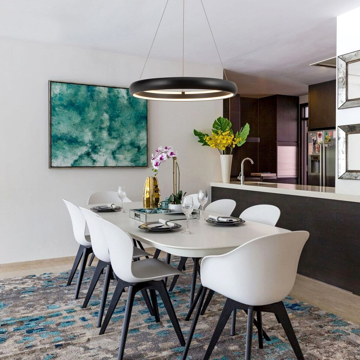 Modern Dimmable Matte Black Ring Round Integrated LED Chandelier Round Hanging Pendant Light