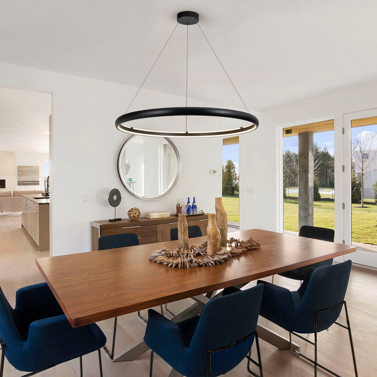 Modern Dimmable Matte Black Ring Round Integrated LED Chandelier Round Hanging Pendant Light