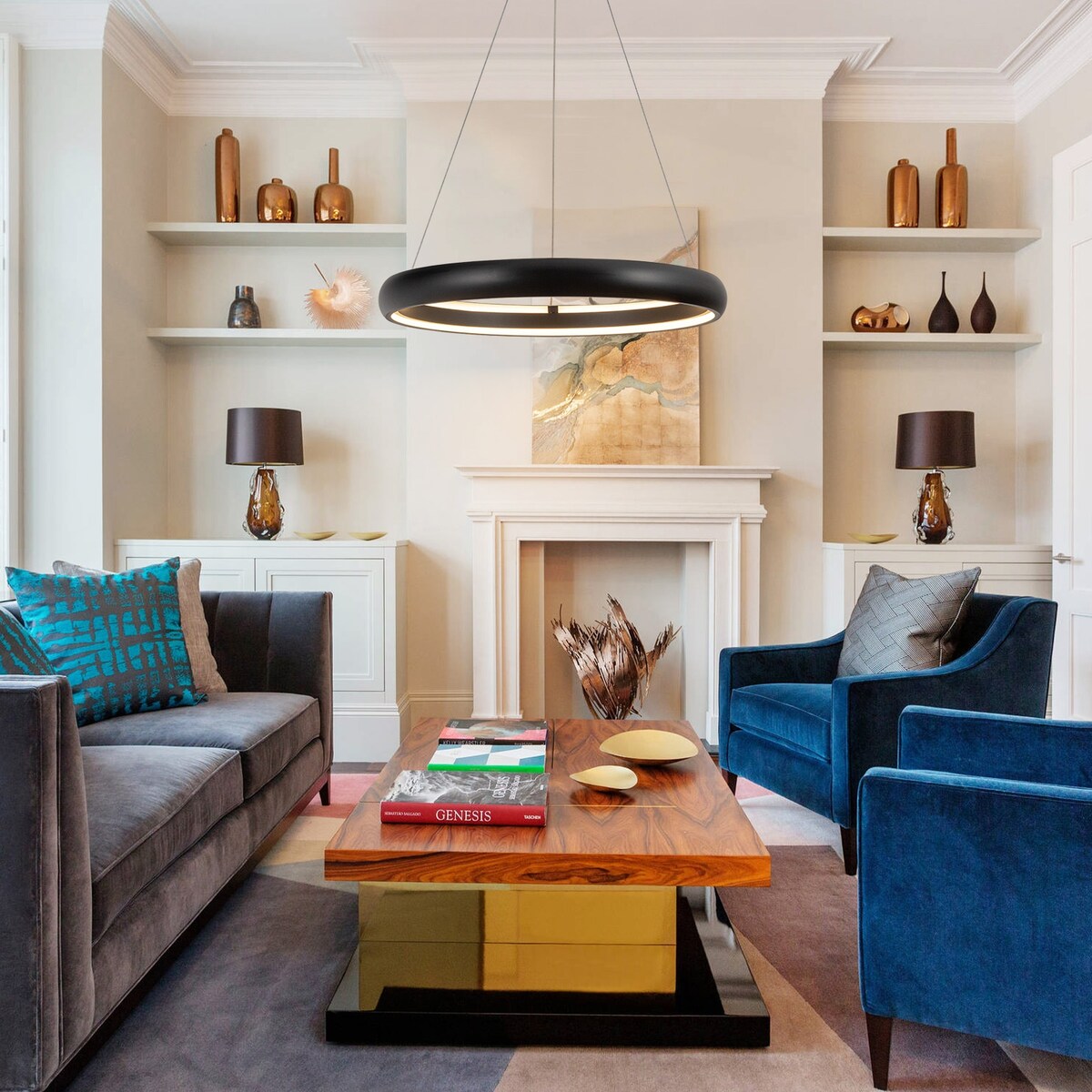 Modern Dimmable Matte Black Ring Round Integrated LED Chandelier Round Hanging Pendant Light