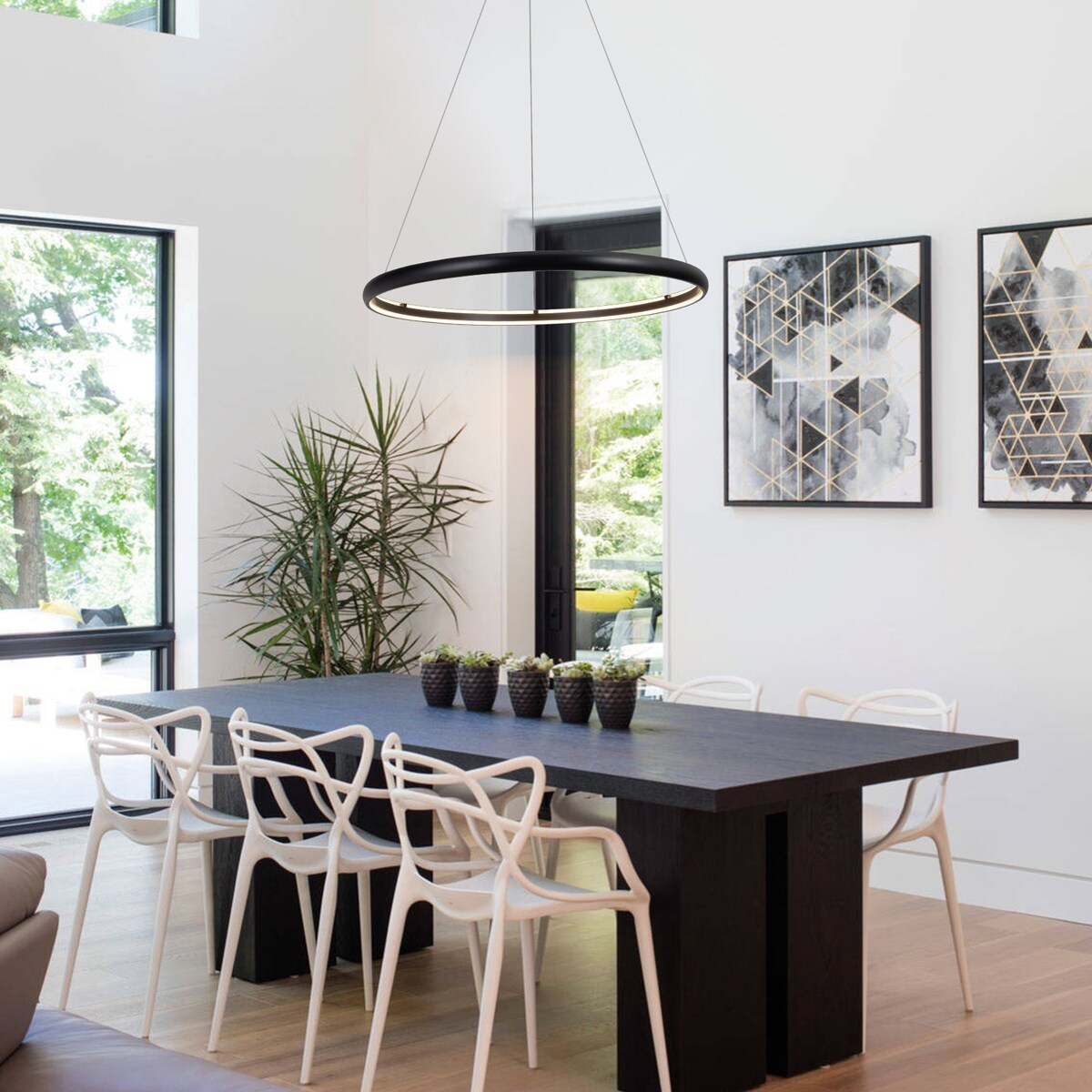 Modern Dimmable Matte Black Ring Round Integrated LED Chandelier Round Hanging Pendant Light