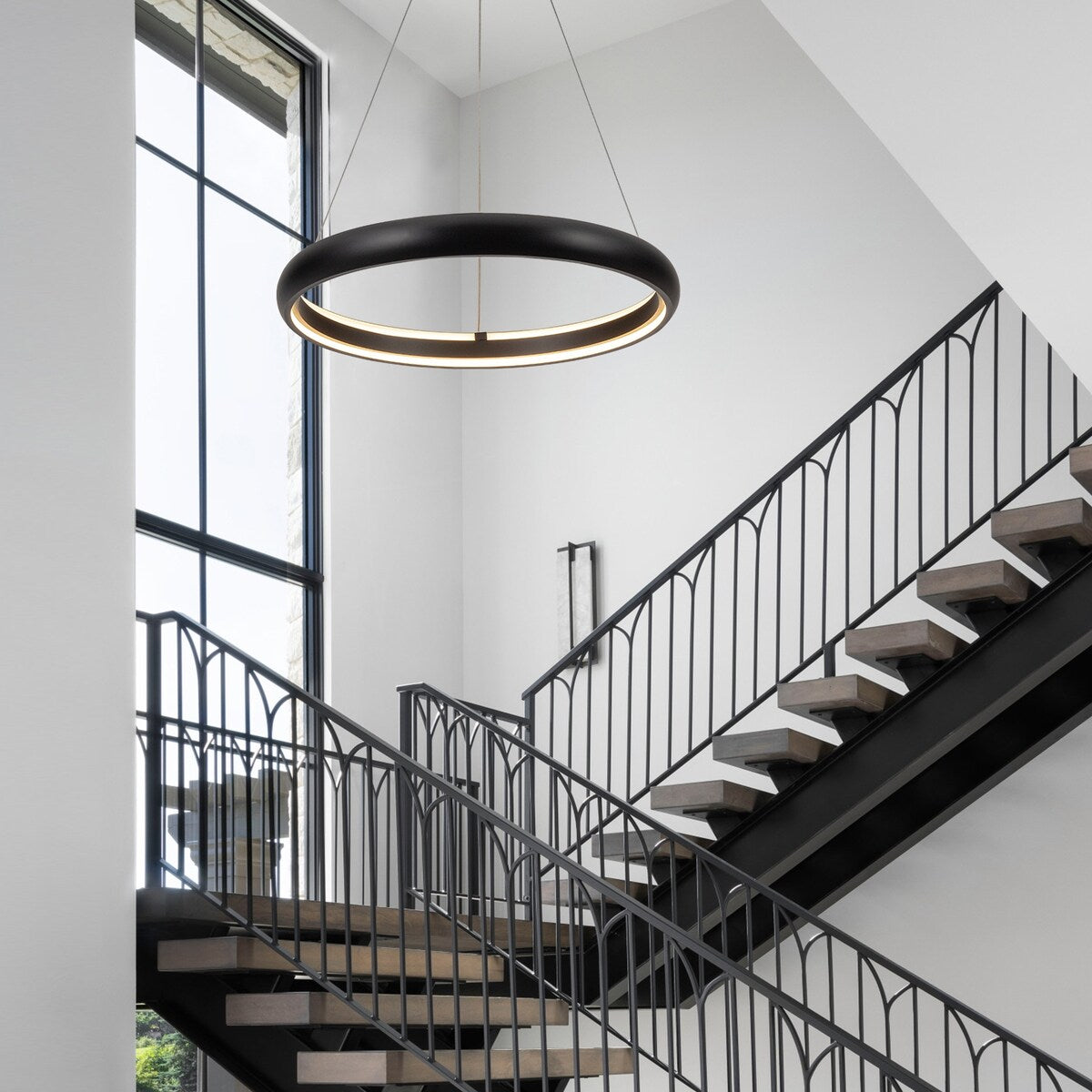Modern Dimmable Matte Black Ring Round Integrated LED Chandelier Round Hanging Pendant Light