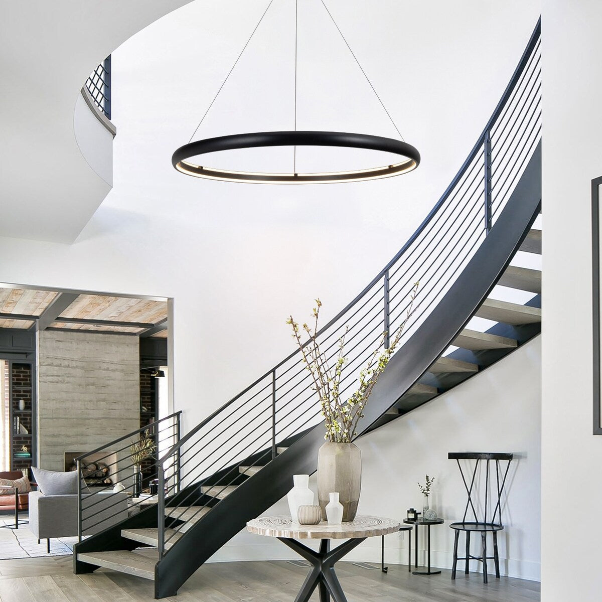 Modern Dimmable Matte Black Ring Round Integrated LED Chandelier Round Hanging Pendant Light