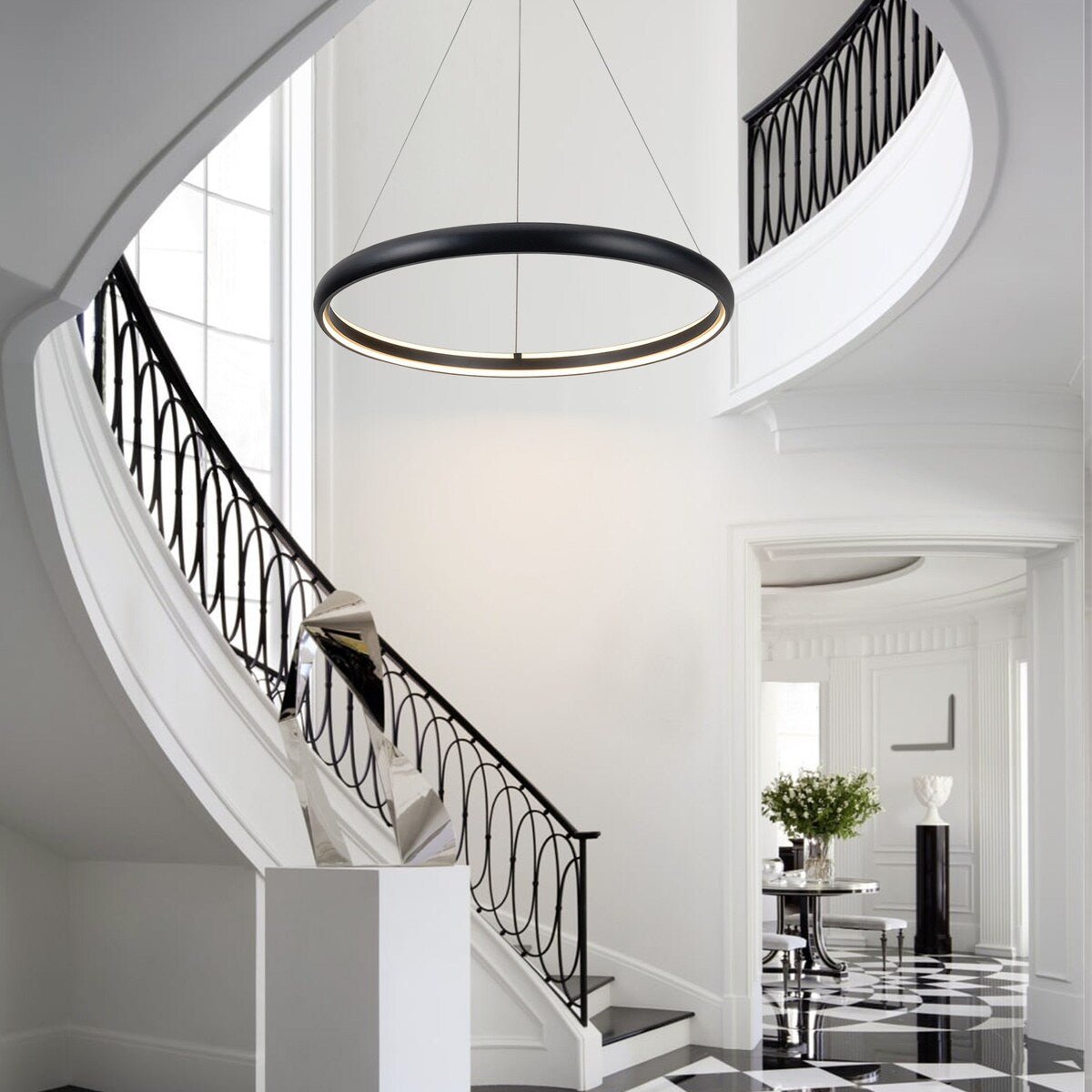 Modern Dimmable Matte Black Ring Round Integrated LED Chandelier Round Hanging Pendant Light