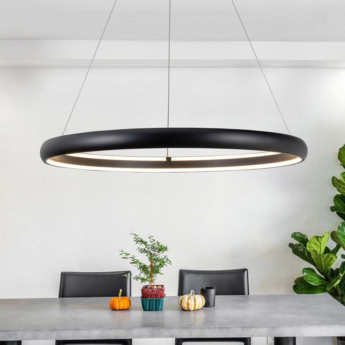Modern Dimmable Matte Black Ring Round Integrated LED Chandelier Round Hanging Pendant Light
