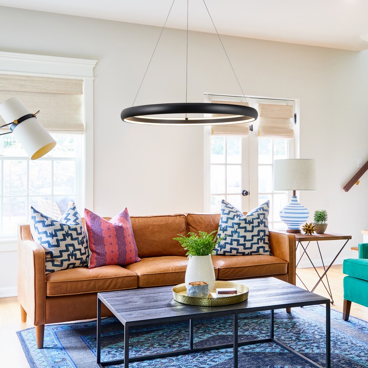 Modern Dimmable Matte Black Ring Round Integrated LED Chandelier Round Hanging Pendant Light