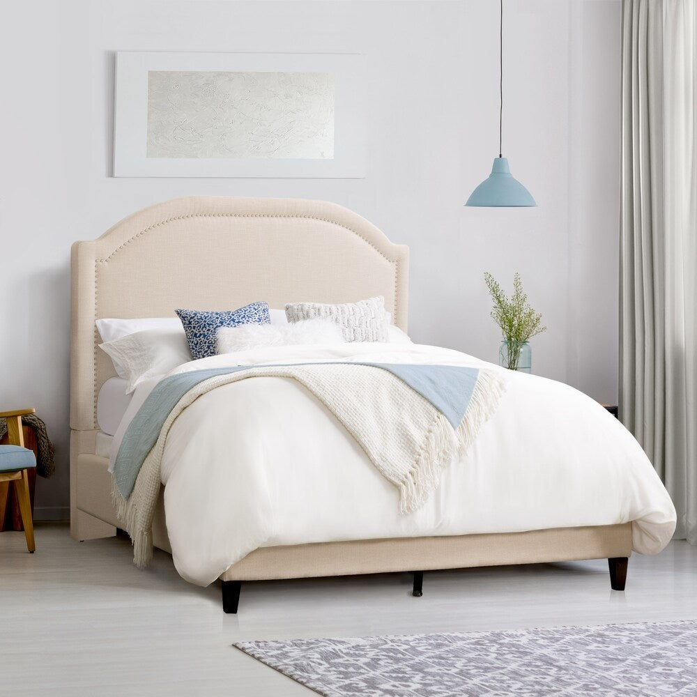 CorLiving Florence Fabric Bed Frame with Arched Headboard and Nailhead Trim Accents